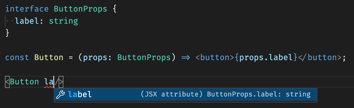 In a JSX context, TS will infer Button as a function along with its prop typings.