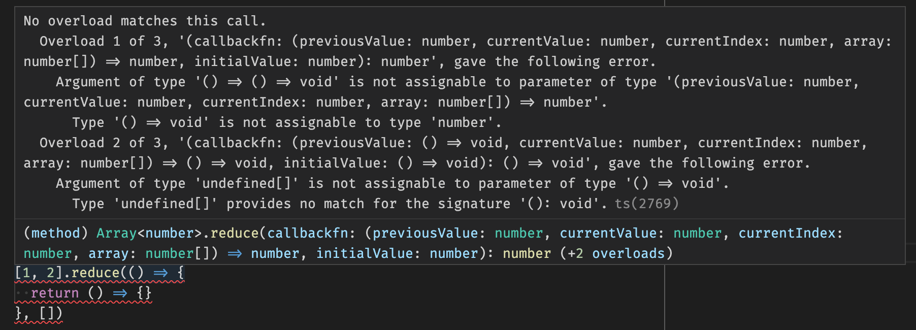 Example of a TypeScript error with an overloaded function (Array.reduce())