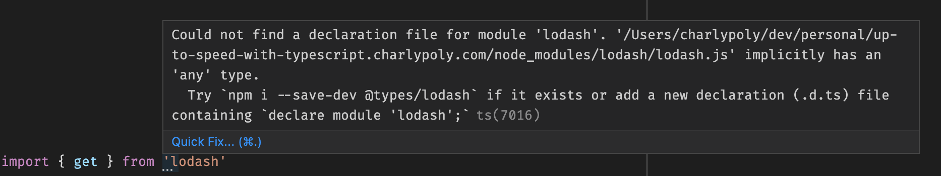 TypeScript could not find any typing property in lodash's package.json and no @types/lodash package installed.