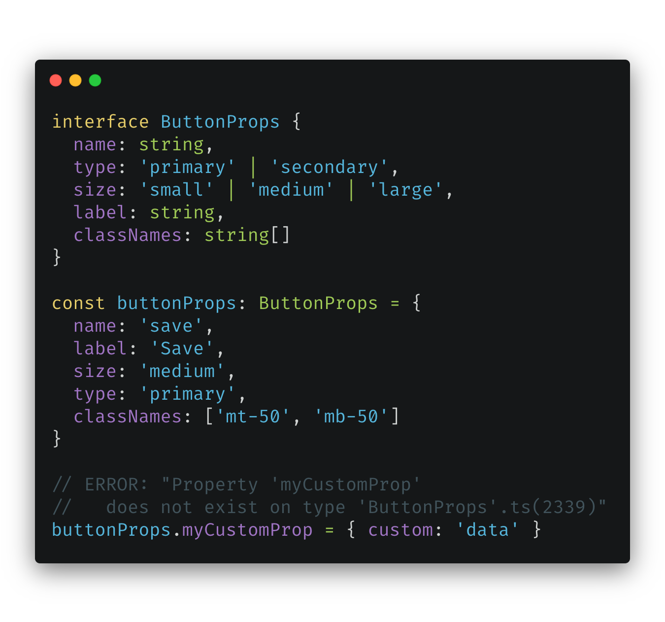 Typing objects with interface. Remember, interfaces are closed by default and properties don't include null and undefined by default!
