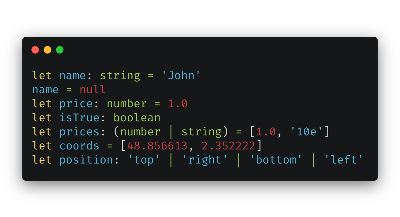 Essentials scalars, arrays, union types (|) and literal string union.