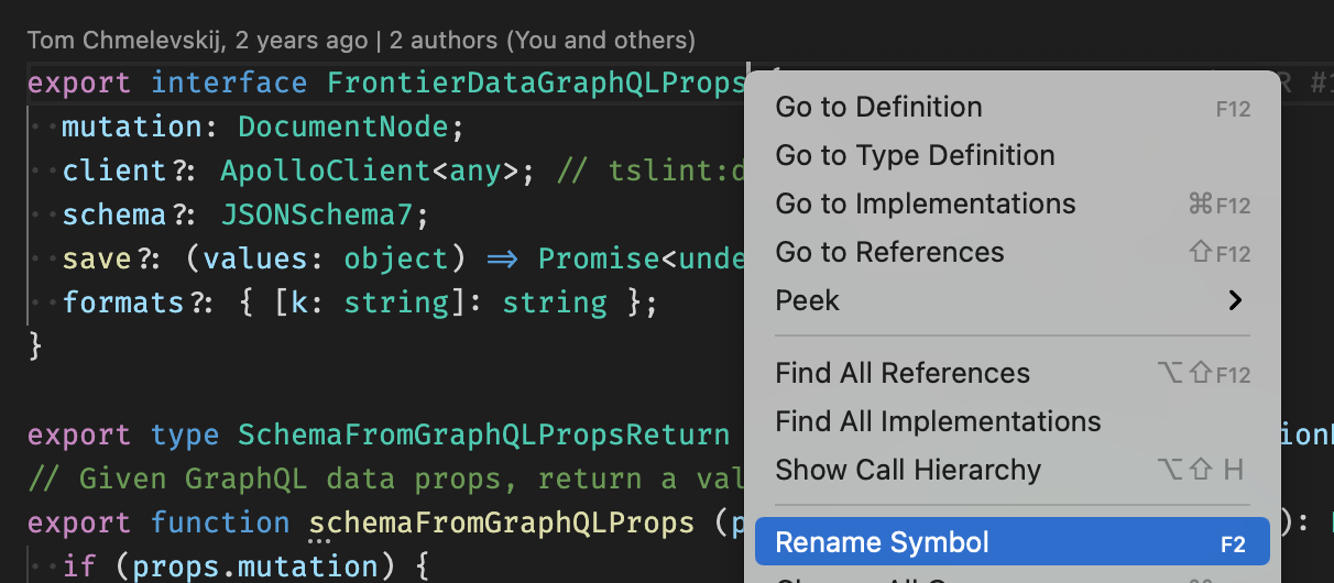 Renaming this React component props type will also change it into all files using it